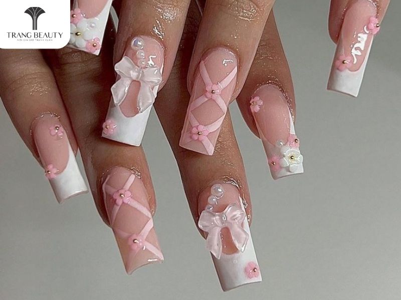 Mẫu nail đẹp màu hồng ngọt cho móng dài