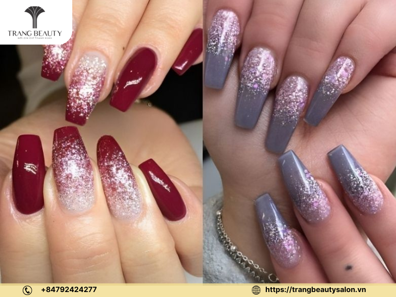 Mẫu nail ombre với lớp nhũ lấp lánh thích hợp khi chụp ảnh cưới