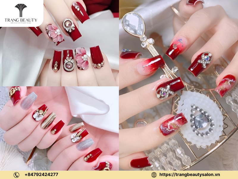 Thiết kế nail cô dâu màu đỏ rực rỡ với nhiều hạt ngọc lấp lánh