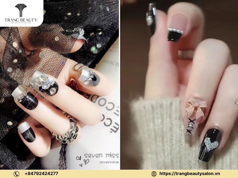 Mẫu nail màu đen đính đá tạo sự quý phái và sang trọng