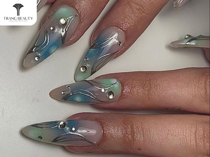 Những mẫu nail đẹp màu xanh lam cho móng dài 
