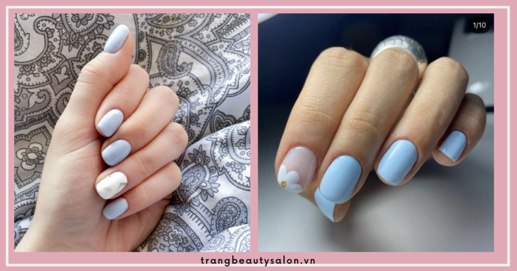 Nail màu xanh dương nhạt pastel trẻ trung với móng ngắn, dễ thương, ngọt ngào.