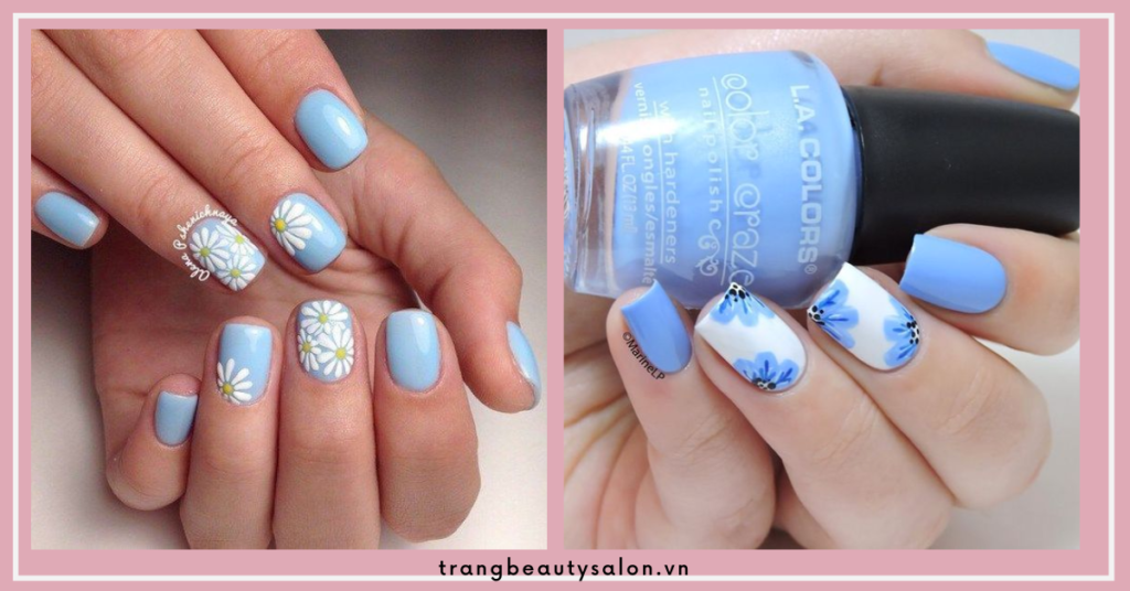 Nail xanh dương nhạt họa tiết hoa cúc hottrend, thiết kế nhẹ nhàng, tao nhã.