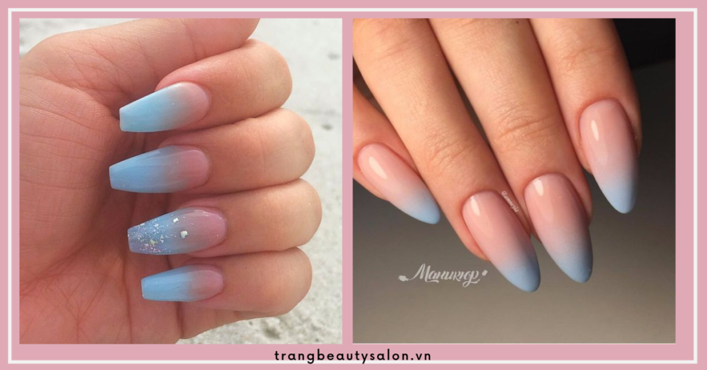 Mẫu nail tươi trẻ tự nhiên với xanh dương nhạt cùng màu nude, nhẹ nhàng và mới lạ.
