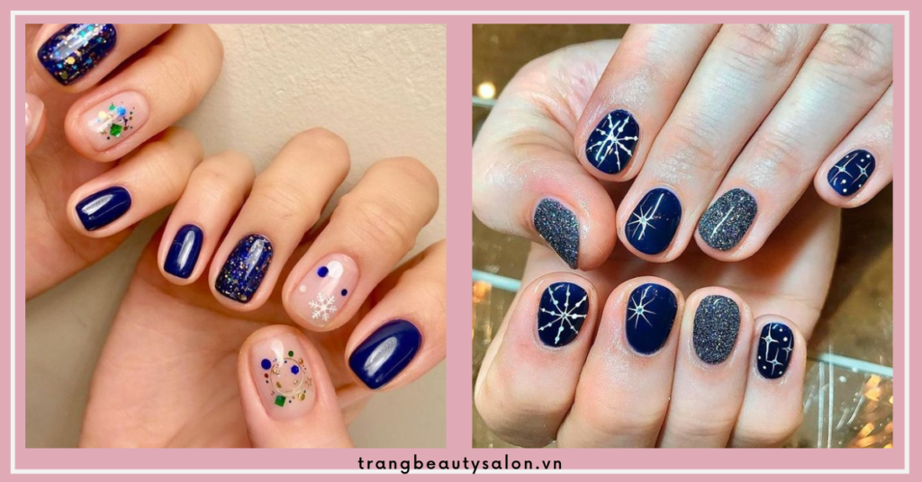 Nail xanh biển thổi bay cái lạnh của mùa đông, mang lại cảm giác mát mẻ. Màu nail nổi bật trên nền xanh là những họa tiết trắng cực đẹp mắt