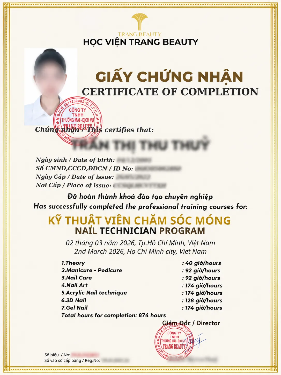 Bằng chứng chỉ cấp theo khóa học Trang Beauty – Trang Beauty